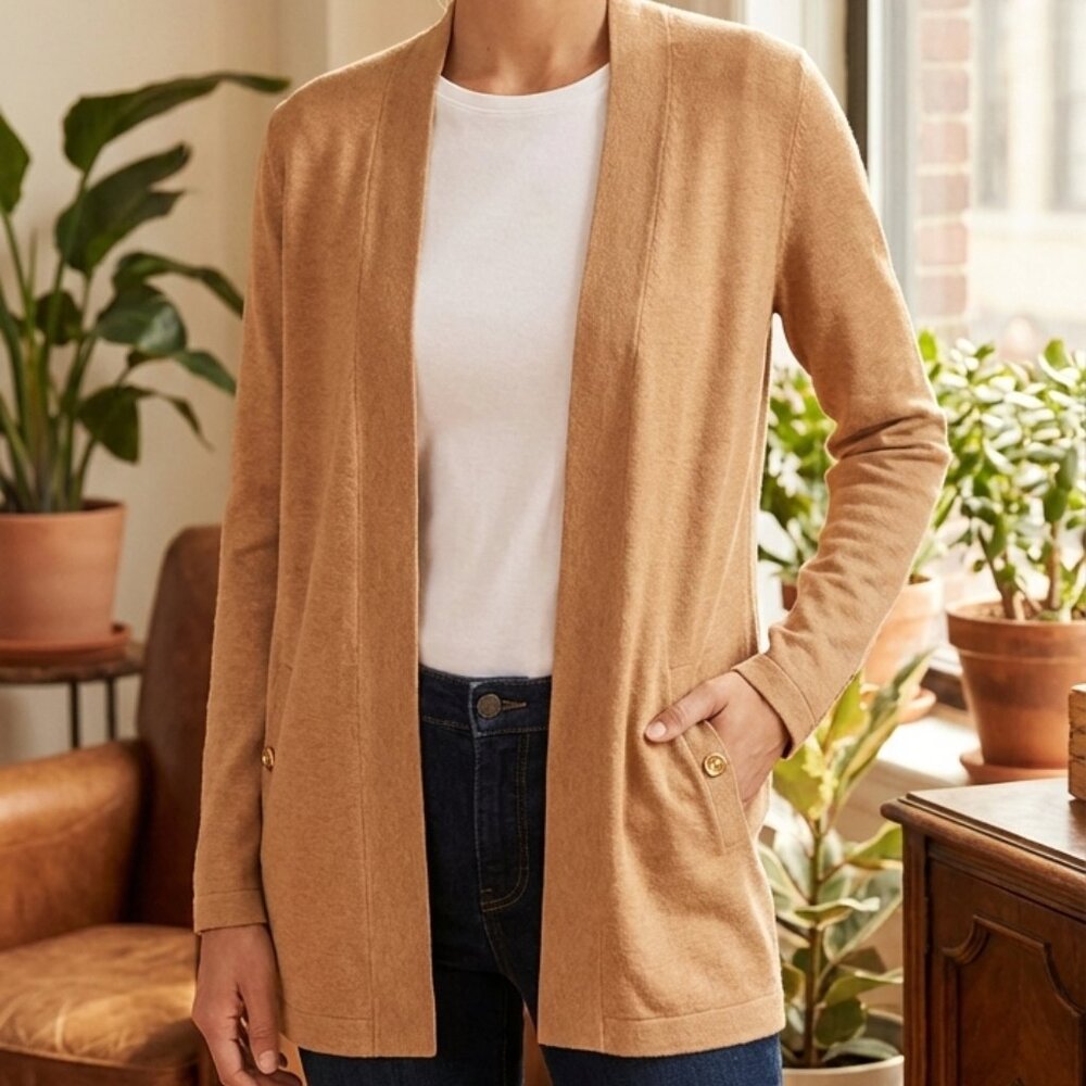 Camel Tan Charter Club Gold Button Open Front Cardigan Size XS Extra Small‎